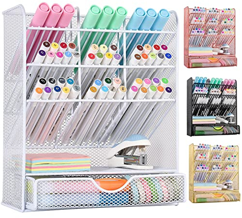 Spacrea Stifthalter Schreibtisch-Organizer – Schreibtisch-Organizer und Zubehör, Stifthalter mit 10 Fächern und 1 Schublade (weiß)