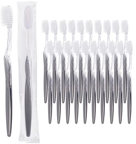 Grey Handle Toothbrush, Bulk Disposable Toothbrushes Individually Packaged for Travel, Hotel (100)