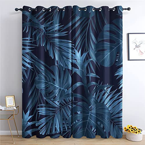Rideau Occultant Bleu Feuilles de Palmier Rideaux Decoration Salon Chambre, Rideau Thermique Isolant à Oeillets, Rideaux et Draperies Intérieurs Imprimé, 2 Panneaux 140x220 (LxH)