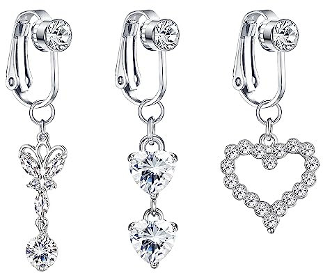 CASSIECA 3 Stück Fake Bauchnabelpiercing für Damen Frauen Bauchnabelpiercing Silber Bauchnabelpiercing Schmetterling Herz Mond Clip On Bauchnabelpiercing