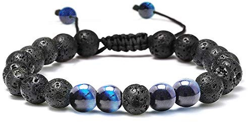 TINGN Natürliches Armband 8mm Edelstein Halbstein Runde Perlen Schwarzes Lavagestein und Blaues Tigerauge für Männer Damen Stressabbau Yoga