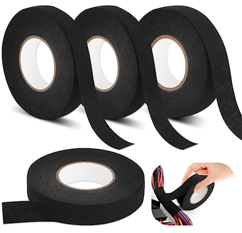 Gewebeband Schwarz 4 Stück, Kabelbaum Klebeband 2 Größen, Isolierband Schwarz Klebeband Textilklebeband Selbstklebendes für Kabelbäume, Haushalt Kfz Motorrad (19mm x 15m/15mm x 15m)