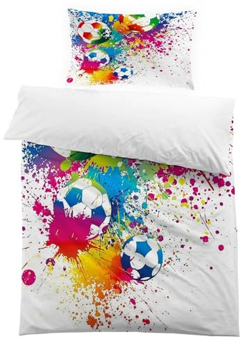 MUSOLEI Bettbezug Fußball, mehrfarbig, bemalt, Kinderbettbezug für Kinder, 90 cm, Einzelbett 135 x 200 cm, Polyester, 3D-Druck, 1 Bettwäsche-Set, 1 Kissenbezug, 50 x 75 cm, Fußball 02