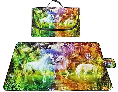 Picknickdecke Wasserdicht 200x200cm,Faltbare Tragbare Strandunterlage Picknickdecke,Ultraschall-Punktbügelprozess,Maschinenwaschbar Mehrzweck für Camping,Wandern,Park,Strand,Fantasie Schloss Einhorn