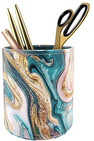 WAVEYU Pen Holder for Women Girls, Pencil Cup Marble Desk Decor, Makeup Brush Holder Large Pu Leather Multi-Functional Organizer Cup for Office, Classroom, Home, Green+Gold