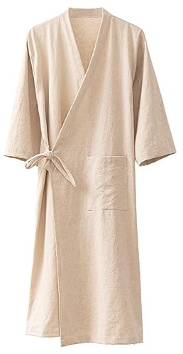 MOLUCI Herren Damen Baumwoll-Leinen-Bademantel für Paare im Japanischen Stil Saugfähiger Schnell Trocknender Kimono-Yukata-Saunamantel,Hemp,L