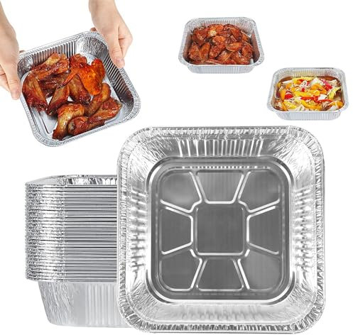 Lotvic Paquete de 40 bandejas de papel de aluminio, bandejas cuadradas de aluminio de 8 pulgadas, forro reutilizable para freidora de aire, bandejas de papel de aluminio desechables para hornear,