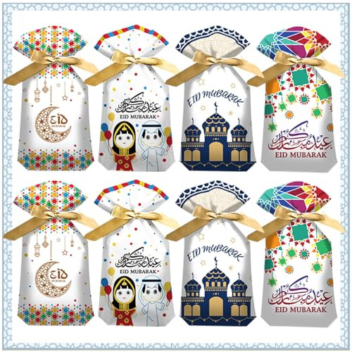 HaloCasa 60 Stück Eid Mubarak Geschenktüten mit Kordelzug, Ramadan Geschenkbeutel für Eid Al-Fitr Party