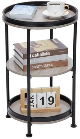 YEAKOO Industrial Nordic End Table, 3-Tier Round Side Table with Storage Shelf Edge Protection Tray, Sturdy Metal Frame Coffee Table Bedside Table for Living Room Bedroom Small Spaces/Oak