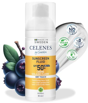 Celenes by Sweden Herbal Dry Touch Sonnencreme Fluid SPF50+ 50ml - Mattes Finish, UV-Schutz, Wasserfest, Parfümfrei