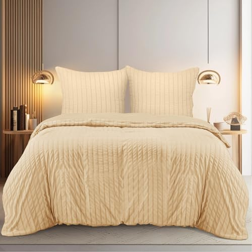 Utopia Bedding Seersucker Bettwäsche 200x200 Set - Mikrofaser Polyester Bettbezug 200x200 cm + 2 Kissenbezüge 80x80 cm - Beige