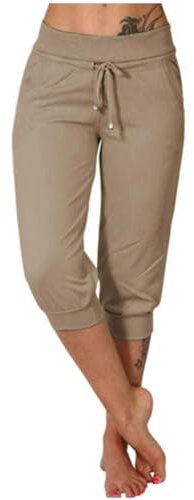 Keepink Caprihose für Damen, bauchfreie Sporthose, Baumwolle, Sweathose, Jogger, leger, Workout, Trainingshose für Yoga, Fitness, Fitnessstudio, Jogger, 055 Khaki, XL