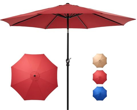 DUMOS Terrassenschirm mit Druckknopf, neigbar und Kurbel, Tischschirm, 8 stabile Rippen, wasserdicht, Poolschirm für Markt, Terrasse, Strand, Restaurant im Freien (Rot)