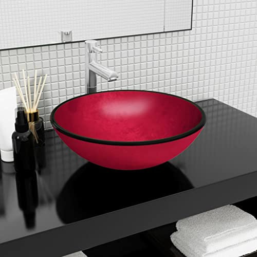 CIADAZ Waschbecken Hartglas 42x14 cm Rot, Aufsatzwaschbecken, Bathroom Sink, Waschtisch, Aufsatzbecken, Ablaufgarnitur - 345266