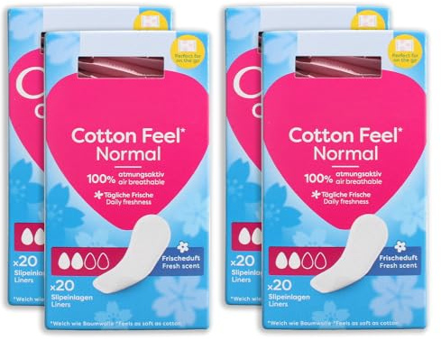 Panty Liners Cotton Feel Normal Fresh Scent Air Breathable Individually Wrapped for On-The-Go Use Super Absorbent Lock in Liquids Instantly (Pack of 4x20 = 80 Liners)