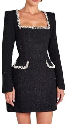 Women's Slim Long Sleeve Dress Sexy Square Neck Ribbed Beaded Skinny Club Party Dress(Black,XL)