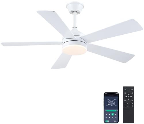 Shanggu Ventilador de techo blanco de 116cm con luces con mando a distancia/APP, ventilador de techo de perfil bajo para interior, 6 velocidades con 5 aspas, lámpara de techo moderna para dormitorio