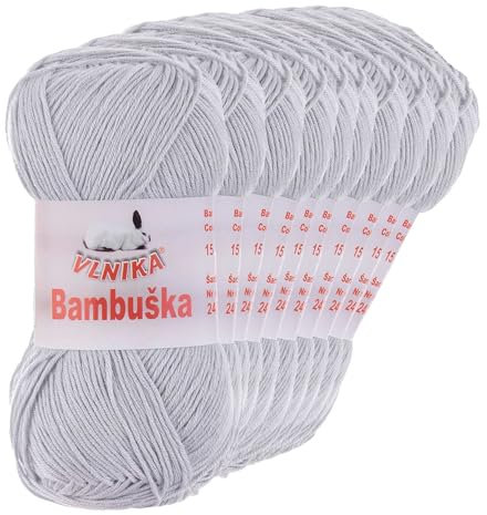 10 x 50g Häkelgarn Bambuska Sommergarn Strickgarn Baumwolle Viskose unifarben, Farbwahl, Farbe:15 hellgrau