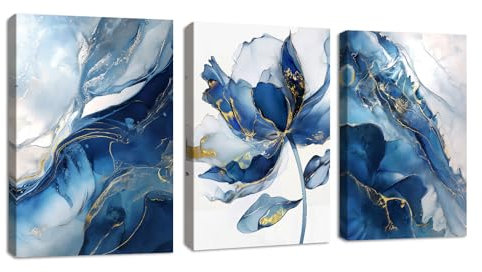 3 Pcs Abstrakt Blau gold Marmor Blumen Leinwandbilder Bilder mit Rahmen, Nordic Minimalist bild auf leinwand Wandkunst Modern Wandbilder Kunstdruck Deko für Wohnzimmer Schlafzimmer Aufhängen 40x60cmx3