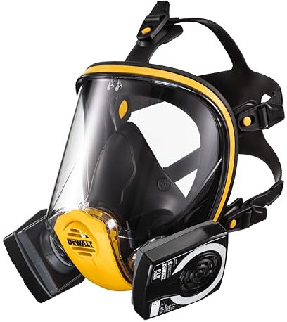 DEWALT reusable full face mask respirator (M) with P3 filters provides protection in workplaces from fine dust lead silica & MDF particles also EN166 to protect from debris