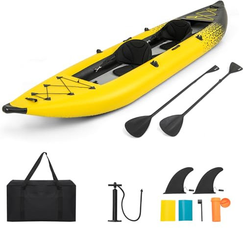 HOMASIS Kajak Aufblasbar für 2 Personen, Schlauchboot mit 2 Aluminiumpaddel & 2 Flossen, verstellbare Sitze & Fußstützen, Kanu mit Tragetasche, Pumpe & Reparaturset, bis 230 kg belastbar (Gelb)