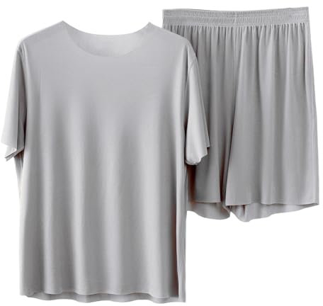 Pigiama Uomo Estivo Manica Corto Girocollo Comodo Set Pigiama in Seta Ghiacciata Leggeri e Traspiranti Top Corto Loungewear e Pantaloncini Tinta Unita Camicia da Notte Abbigliamento da Casa
