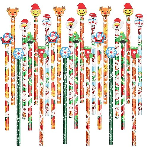 VEYLIN Weihnachts Bleistifte Set 32 Stück mit 3D Radiergummis - 8 Designs (Weihnachtsmann, Rentier, Schneeflocke) für Kinder-Geschenkset mit Buntstiften