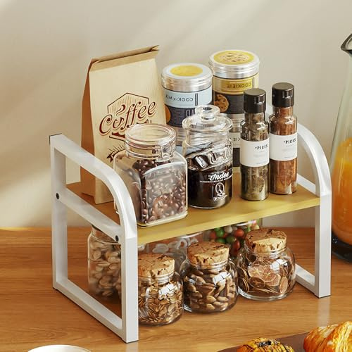 Kitchen Shelf Organiser Spice Rack - Cupboard Countertop Storage Organizer - Wooden Coffee Bar Station Accessories Shelves - 1 Tier Small Desk Worktop Shelving Unit Free Standing Cabinet Organisation