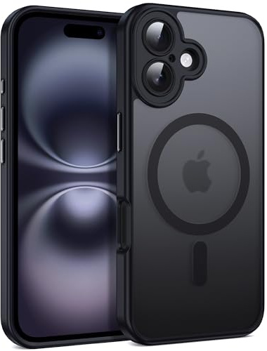 Flyzoo Magnetische Matte Hülle für iPhone 16 – Kompatibel mit MagSafe, Kameraschutz, Dünn Durchscheinende Stoßfeste Silikon Handyhülle Schutzhülle, 6,1, Schwarz