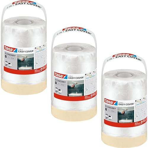 tesa Easy Cover ECONOMY Folie für Malerarbeiten - 2 in 1 Malerfolie zum Abdecken und Kreppband zum Abkleben - 33 m x 140 cm (33m x 55cm - 3 Stück)