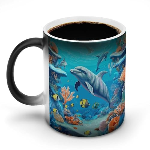 asbwuo Farbwechselbecher – HeatMagic-Becher enthüllt individuelles Design, Meeresgrund, Korallen, Fische, Delfine – lustige Überraschung