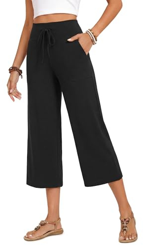 ZOOSIXX Capri Pants for Women - Palazzo Pants Casual Wide Leg Trousers with Pockets Summer High Waisted Drawstring Pants Black