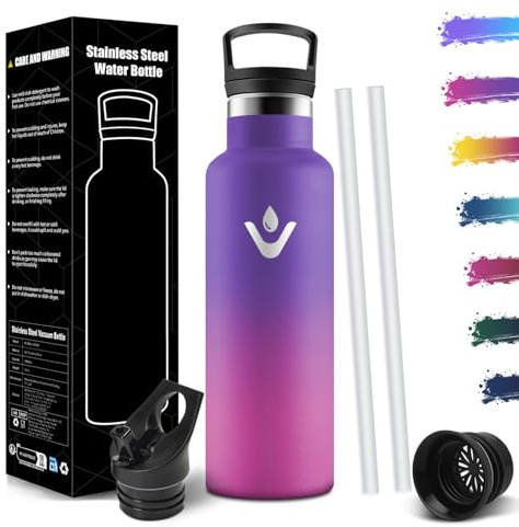Mulbijeo Trinkflasche Edelstahl 750ML BPA-Frei, Auslaufsichere Isolierflasche Doppelwandig, Wasserflasche mit Strohhalm, 18/8 Edelstahl, Thermosflasche, Trinkflasche Kohlensäure Geeignet für Sport