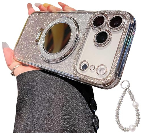 Sparkling Diamond Women's Phone Case with Mirror & Stand for IPhone 17/16/15/14/13/12 Pro Max Plus Air, Gradient Magnetic Holder Makeup Mirror Protective Case (Silver,For iPhone12Pro)