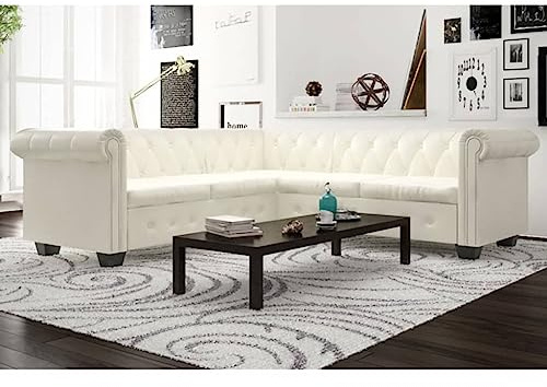 NIVVHOH Chesterfield Ecksofa 5-Sitzer Weiß Kunstleder Schlafcouch Komfort Raffinesse für Zuhause Büro