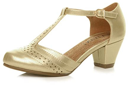 Ajvani Womens Ladies mid Block Heel t-bar Cut Out Buckle Brogue Shoes Sandals , Gold Gold, 8 UK