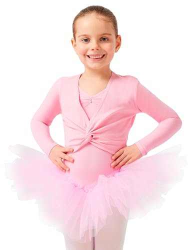 tanzmuster ® Ballettjacke Mädchen Langarm - Mia - aus sehr weichem Baumwollstoff Ballett Top zum Reinschlüpfen in rosa, Größe 128/134
