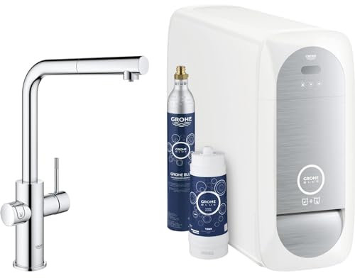 GROHE Blue Home - Starter Kit (L- Auslauf, 3 gefilterte und gekühlte Wasserarten, mit herausziehbarem Mousseur, Schwenkbereich 360°), chrom, 31539000