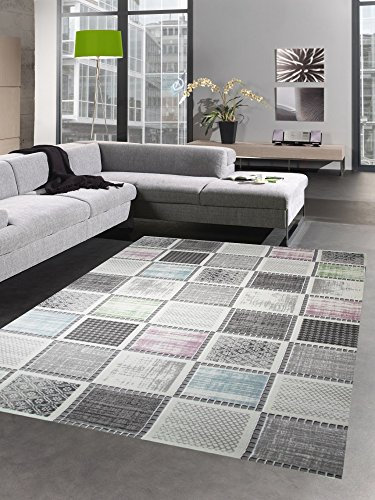 Designer und Moderner Teppich Kurzflorteppich mit Karomuster grau bunt blau grün rosa Größe 120x170 cm