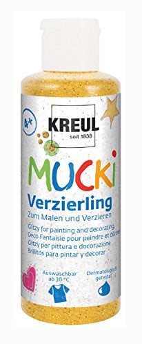 KREUL 24353 - Mucki Verzierling, Glitzergold, 80 ml Flasche, glitzernde Kindereffektfarbe auf Wasserbasis, parabenfrei, glutenfrei, laktosefrei, vegan, auswaschbar