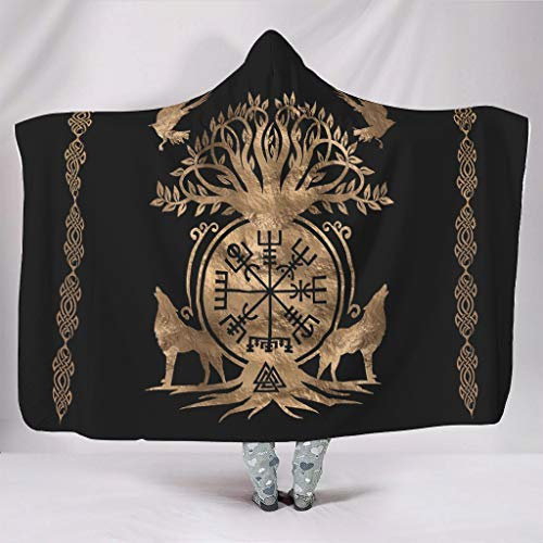 Wikinger Baum des Lebens Wolf Kuscheldecken mit Kapuze Kapuzendecke Sofadecke Couchdecke Schlafdecke Fleecedecke Sherpa Decke Flauschige Decke für Erwachsene Kinder