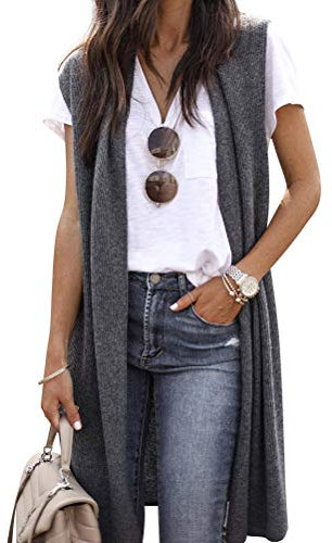 Dresswel Womens Sleeveless Cardigan Ladies Draped Open Front Long Waistcoat Jacket Blazer Vest Coat (1-Dark Grey, XL)