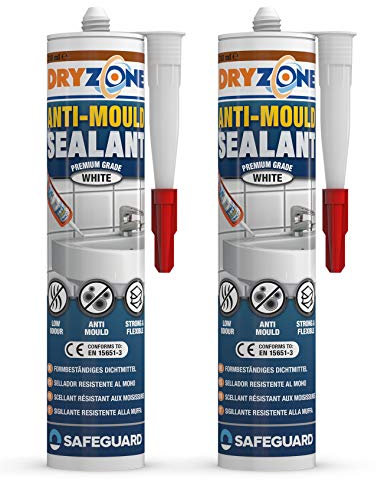 Dryzone Silicone Sigillante Antimuffa Bianco (2 x 310ml) - Per Ambienti Interni Umidi, Asciugatura Rapida, Adesione Forte, Lunga Durata Contro la Muffa