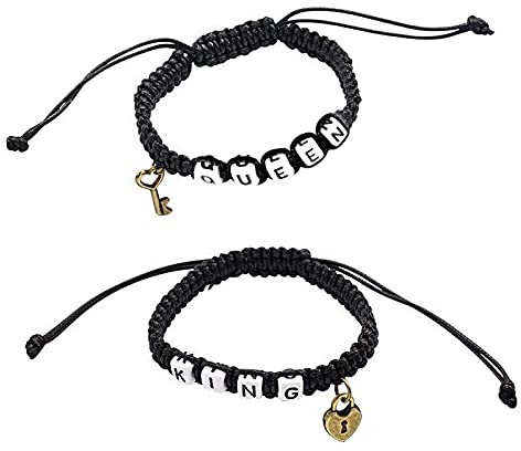 Braided Friendship Bracelets,Handmade Friendship Bracelet 2Pcs Queen King Key Lock Charm Couple Black Leather Woven Trendy Creative Jewelry Bff Bracelets Adjustable Lucky Ankle Bracelet for Women Me