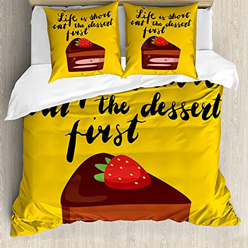 ABAKUHAUS Text Fitted Sheet, Slice of Cake Strawberry, Decorative 3 Piece Bedding Set with 2 Pillow Shams, 155 cm x 200 cm - 80 x 80 cm, Multicolor