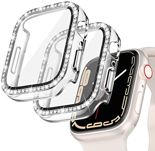 [2Stück] Kamita Diamond Hülle für Apple Watch Series 9/Series 8/Series 7 45mm, Glitzer Hart PC Bumper Case mit Hartglas Displayschutzfolie, Bling Schutzhülle Cover für iWatch9/iWatch8 (Klar-Silber)