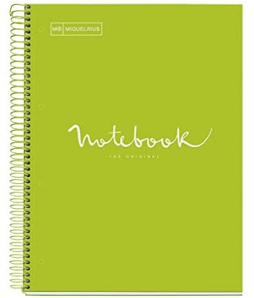 Miquelrius - Notizbuch A4 Punkte Notebook, 1 farbiger Streifen, 80 Blatt liniert mit Punkten (Dots), Papier 90 g/m² mikroperforiert mit 4 Bohrungen für 4 Ringe, Einband aus Karton, Farbe Limonengrün