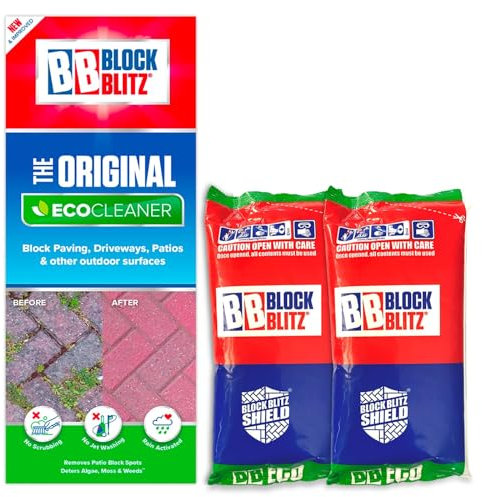Block Blitz Block Paving Eco Cleaner. Removes and Prevents Algae, Moss, and Black Spot. Deters Weed Growth for up to 6 Months. 2x Pouches. Treats 30 sq/m.