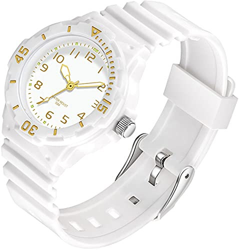 findtime Uhr Damen Analog Quarz Armbanduhr 5ATM wasserdichte Damenuhr Plastik Lichtschluckend Beleuchtend Sportuhr für Frauen Uhren Mädchen Jungen Weiß Gold Kids Watch
