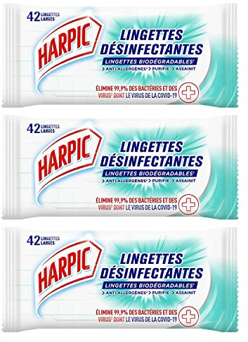 HARPIC Lot de 3 Sachets de 42 Lingettes Extra-large (=84 Normales) Lingettes Désinfectantes